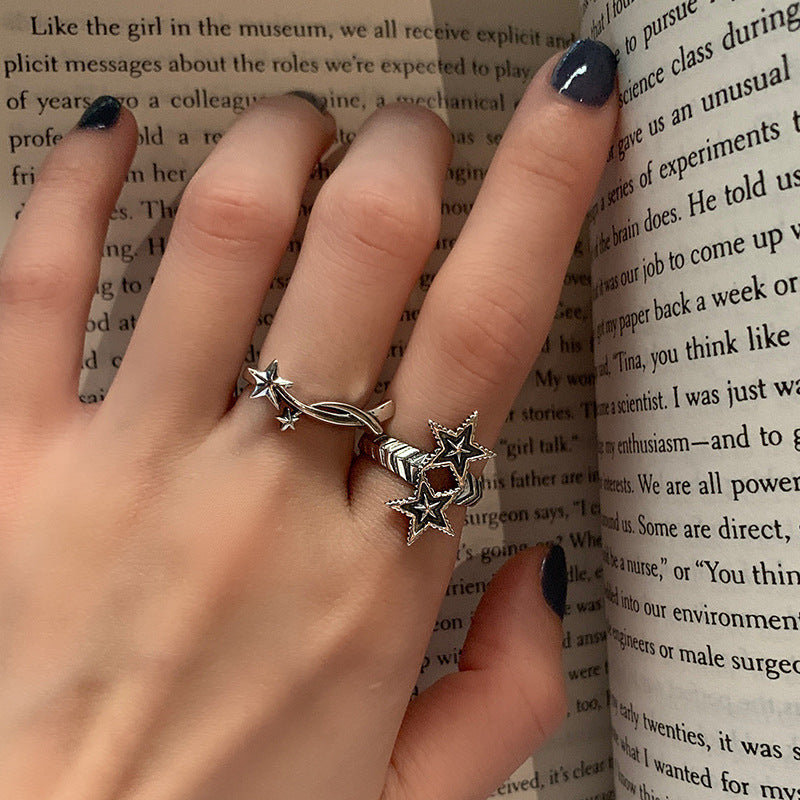 Womens Double Star Ring Adjustable Opening Thai Silver Plated Ring Korean Fashion Jewelry Retro Design Package