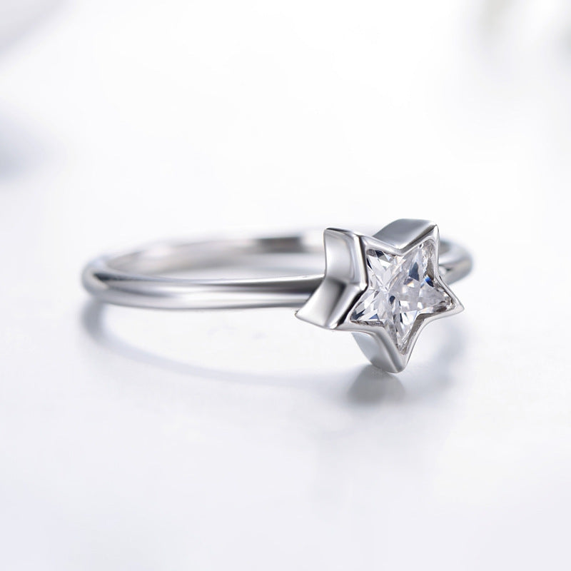 Womens Sterling Silver Ring With Star Design And Zircon Inlay Engagement Ring Jewelry Gift For Her Five Point Star