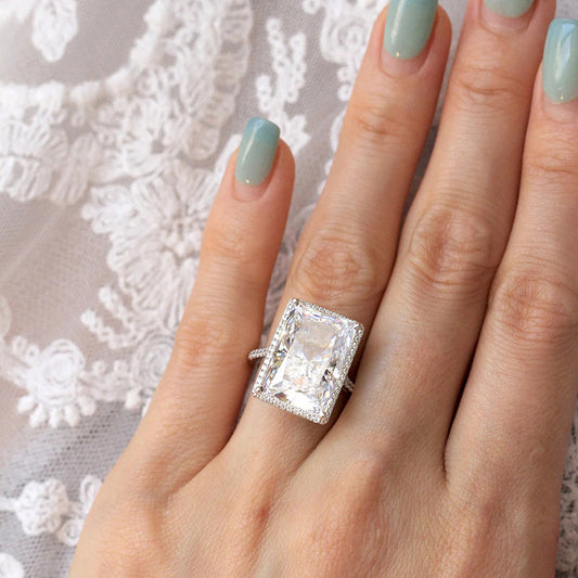 Inlaid Zircon Geometric Rectangular Ring Copper White Gold Plated For Women Dainty Elegant Everyday Jewelry Gift