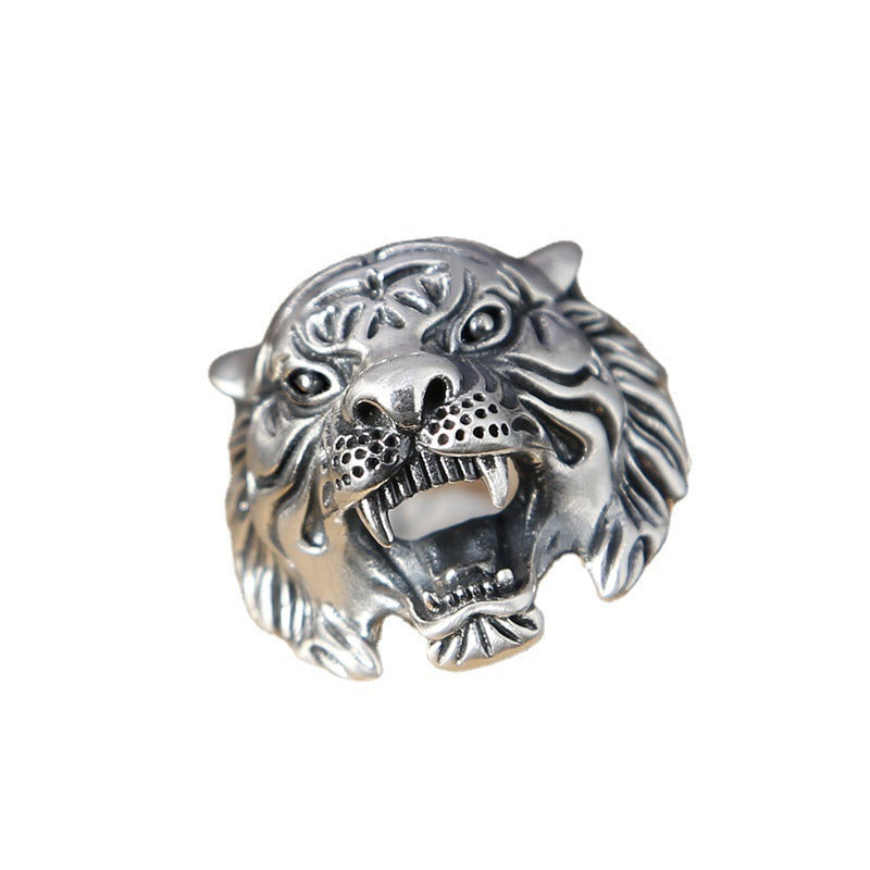 Adjustable Tiger Ring Vintage Animal Zodiac Copper Electroplated Retro Opening Ring Thai Silver Face Width24mm