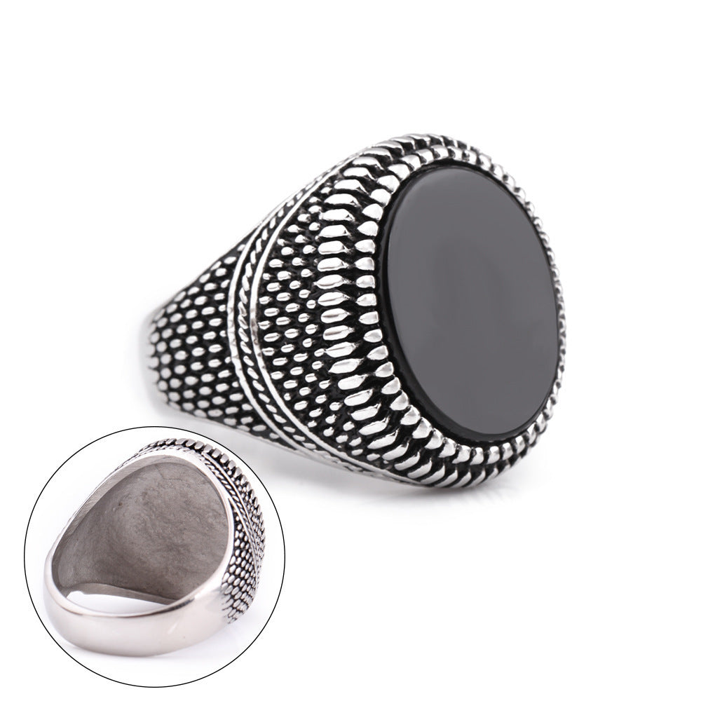 Mens Black Onyx Ring Retro Style Geometric Alloy Electroplated Silver Tone Durable Statement Ring For Men Soon
