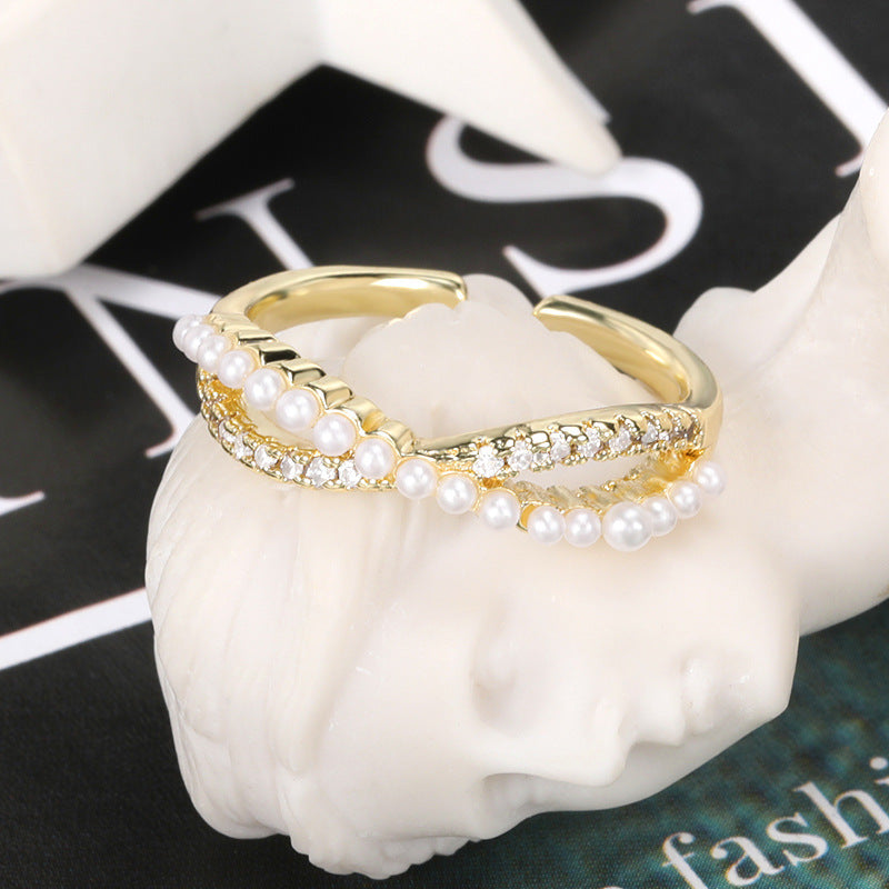 Golden Brass Pearl Temperament Cross Finger Ring Adjustable