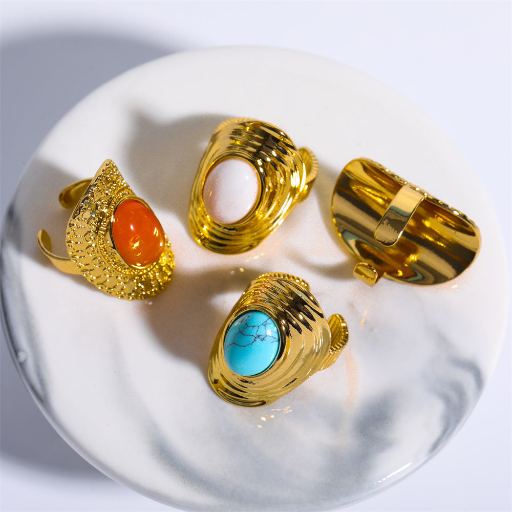 Vintage Bohemian Style Adjustable Natural Stone Ring Copper Fashion Jewelry White Blue Red Tianhe Stone Trendy