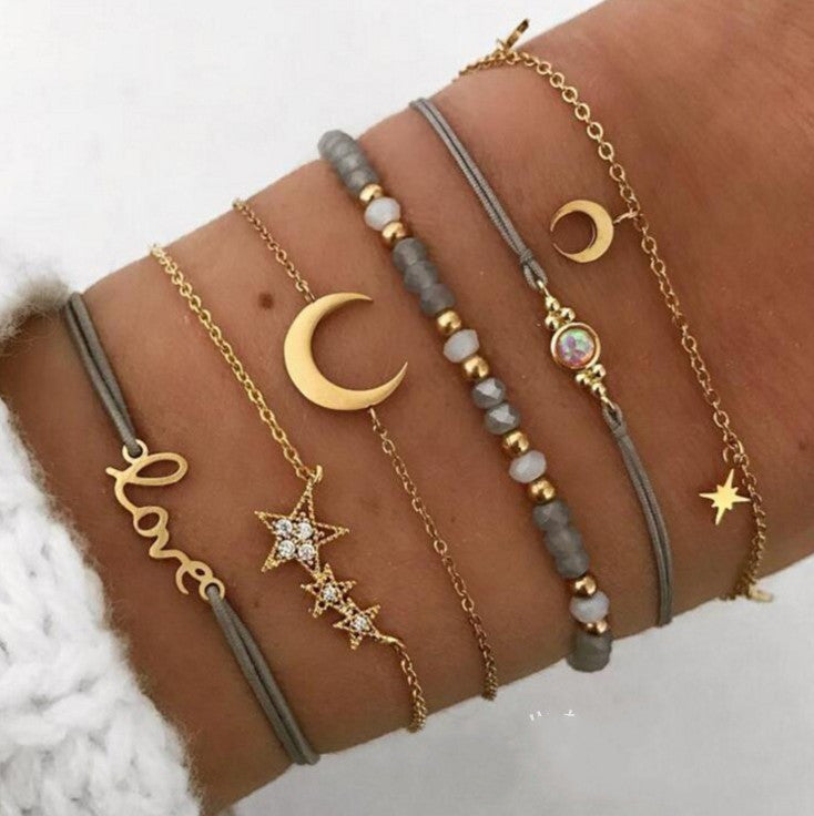 Womens Bracelet Set Alloy Bangle Geometric Star Moon Pendant European American Style Jewelry Fashion Piece Set