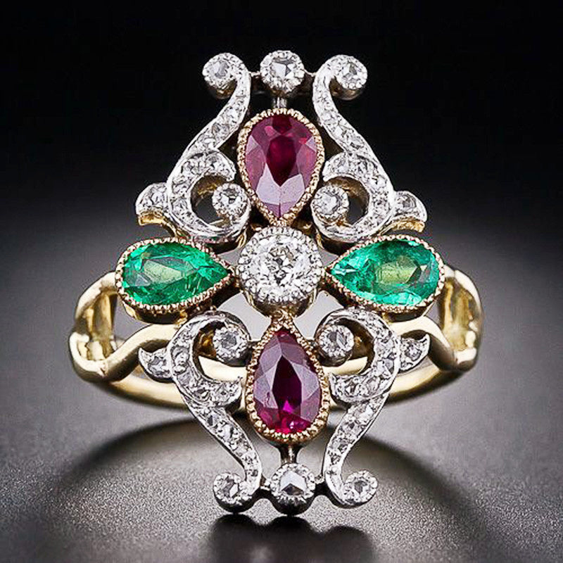 Women Fashion Ring Two Tone Gold Crown Design With Green And Red Zircon Alloy Jewelry European Inspired Jewels