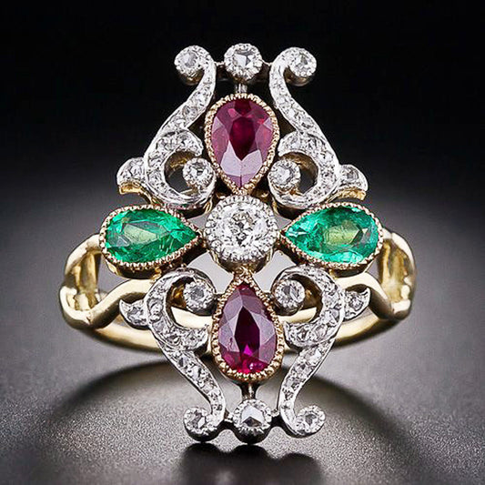 Women Fashion Ring Two Tone Gold Crown Design With Green And Red Zircon Alloy Jewelry European Inspired Jewels