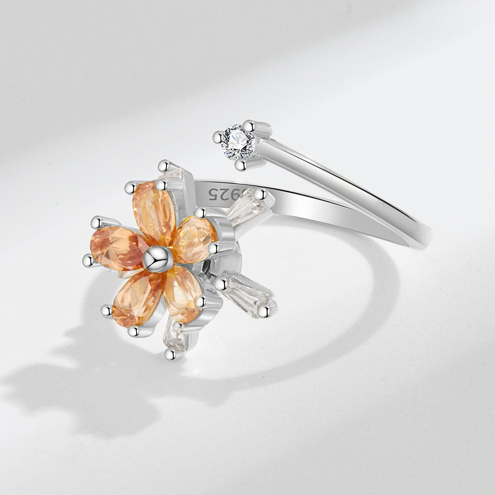 Women Adjustable Opening Ring With Rotating Rose Flower Design Copper Ring With Zircon Floral Geometry Collection