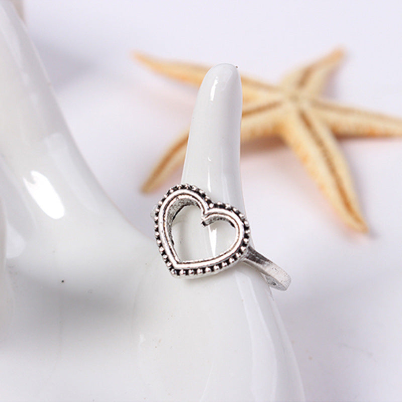 Heart Ring Set With Diamond Accents Ancient Silver Finish Flower Design Alloy Rings For Women Jewelry Gift Daily Wear
