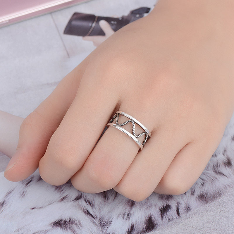 Womens Vintage Ring Double Layer Wave Adjustable Geometric Design Thai Silver Metal Gift Holiday Individually Packed