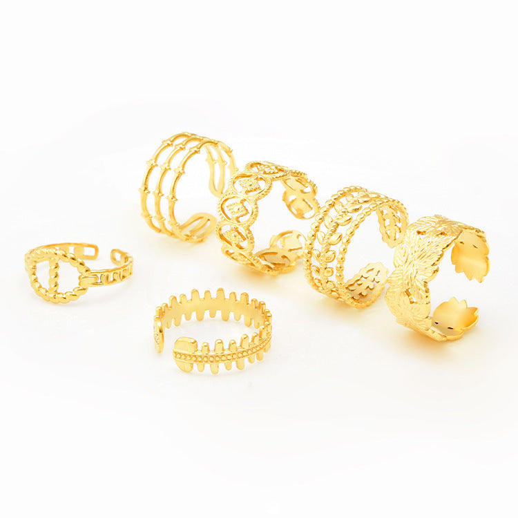 Openwork Carved Adjustable 18K Titanium Steel Rings Electroplated Gold Wheat Design Fashion Accessory For Women