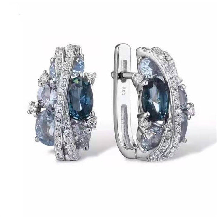 Women Flower Earrings And Ring Set Retro Hollow Zircon Alloy Electroplated Blue Diamond Jewelry For Women Now
