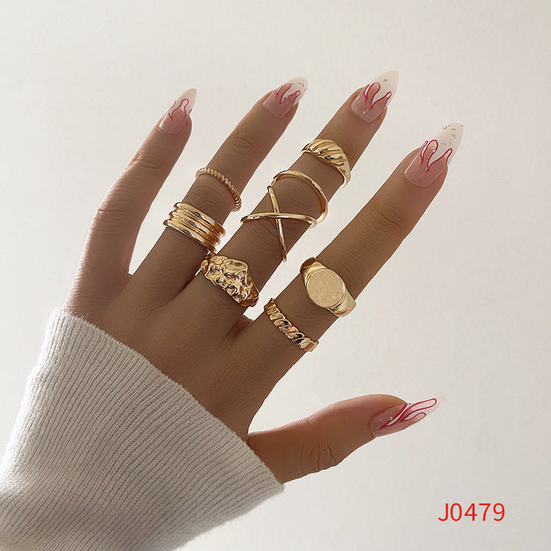 Womens Geometric Alloy Ring Set With Pearl Electroplated Love Heart Design Retro Niche Jewelry For Casual Wear