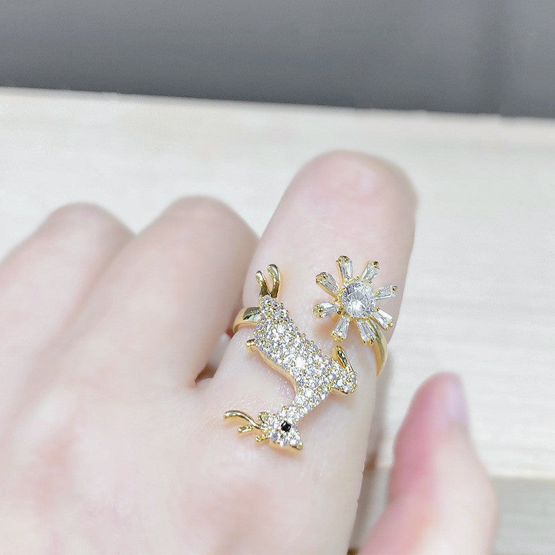 Copper Antler Ring With Flower Design Korean Style Rotating Ring For Elegant Everyday Wear And Style Best Look