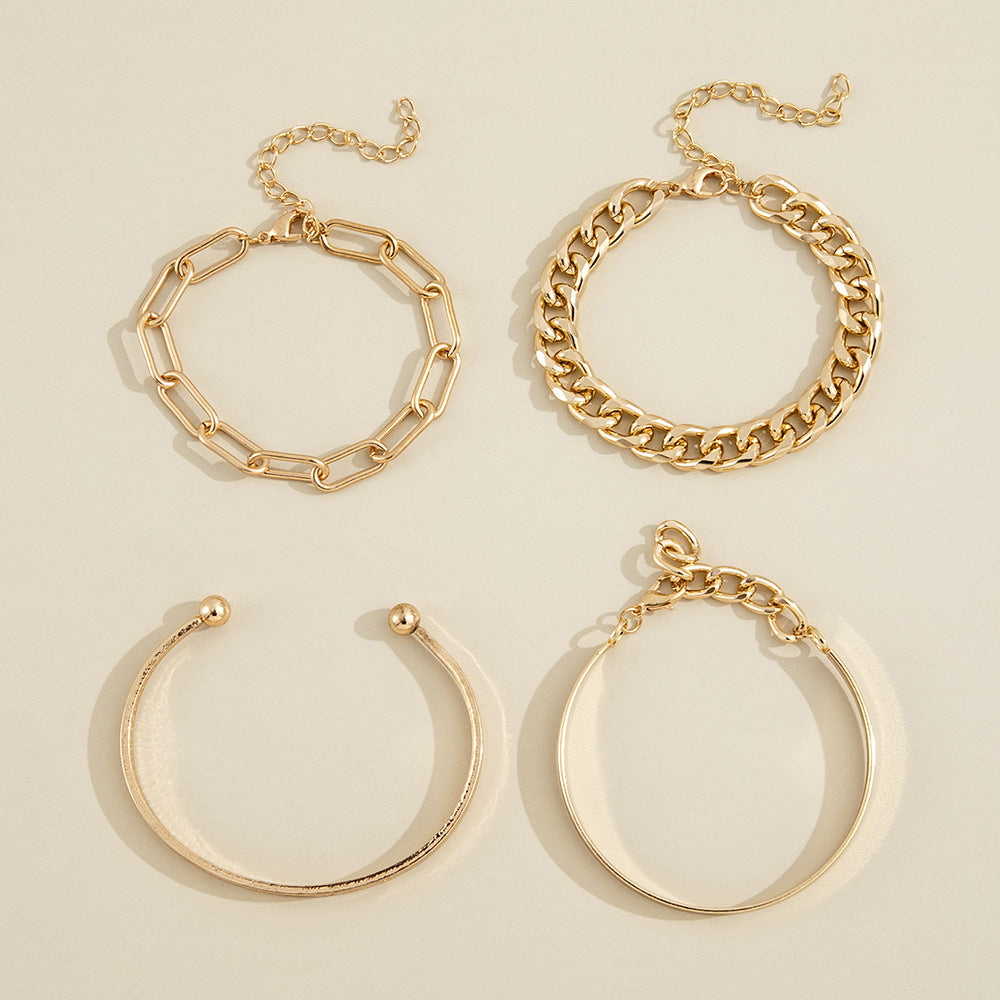 Womens Four Piece Alloy Bracelet Set With Geometric Charms And Love Letter Design In Golden And Silver Plating