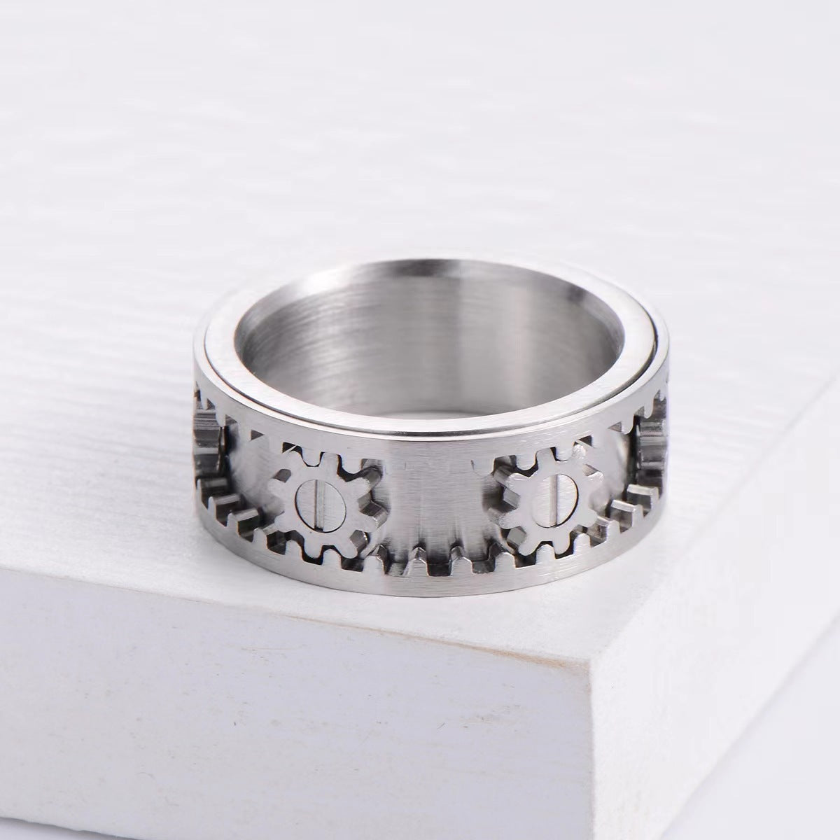 Stainless Steel Gear Ring For Men And Women Unisex Mechanical Design Silver Tone Statement Jewelry Everyday Use