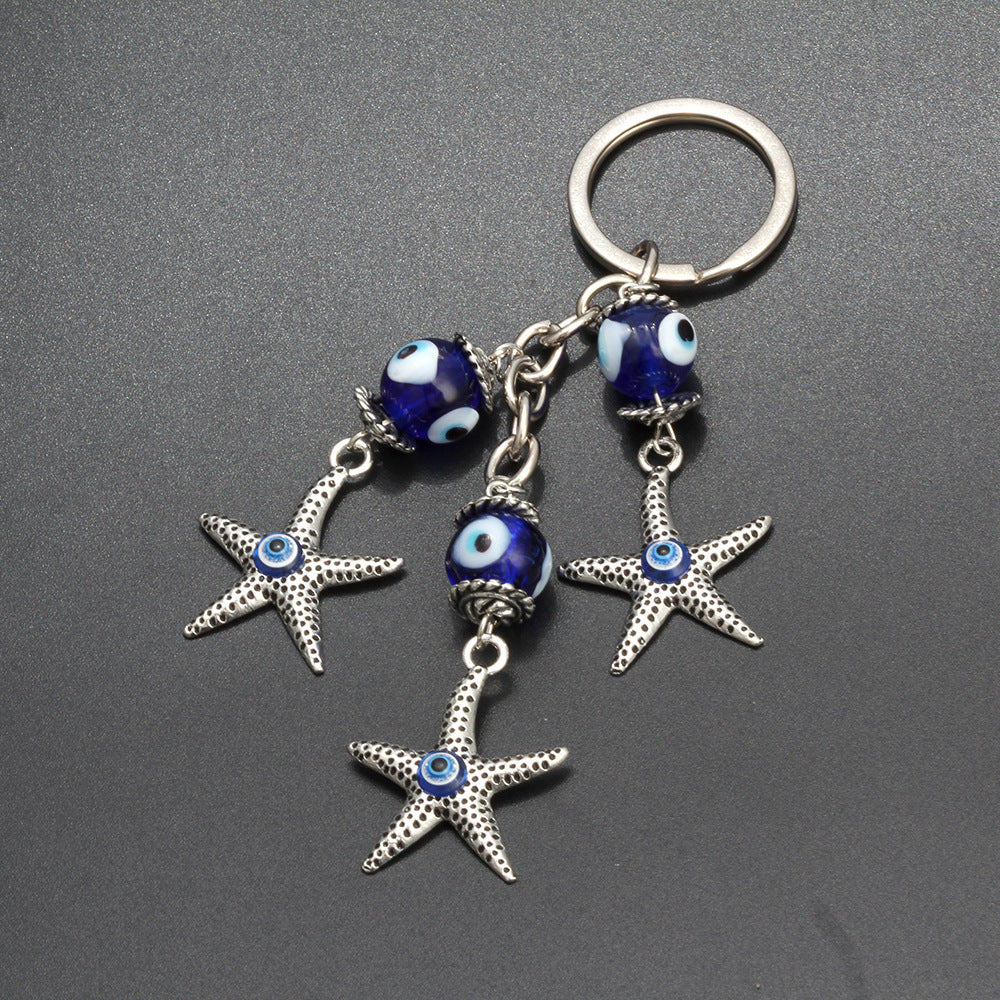 Unisex Alloy Starfish Keychain Turkish Blue Evil Eye Pendant Key Ring For Keys Bags And More For Everyday Uses