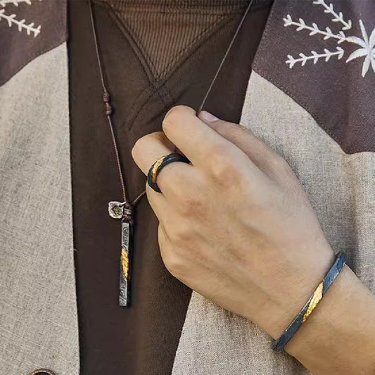 Trendy Sterling Silver Retro Open Mouth Ring Inlaid 24KGold Geometric Fold Chain Unisex Adjustable Chic Style