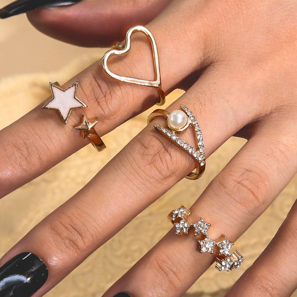 Women Gold Plated Rings Set With Pearl And Rhinestone Heart Rings Star Ring Alloy Ring For Women And Girls Gem
