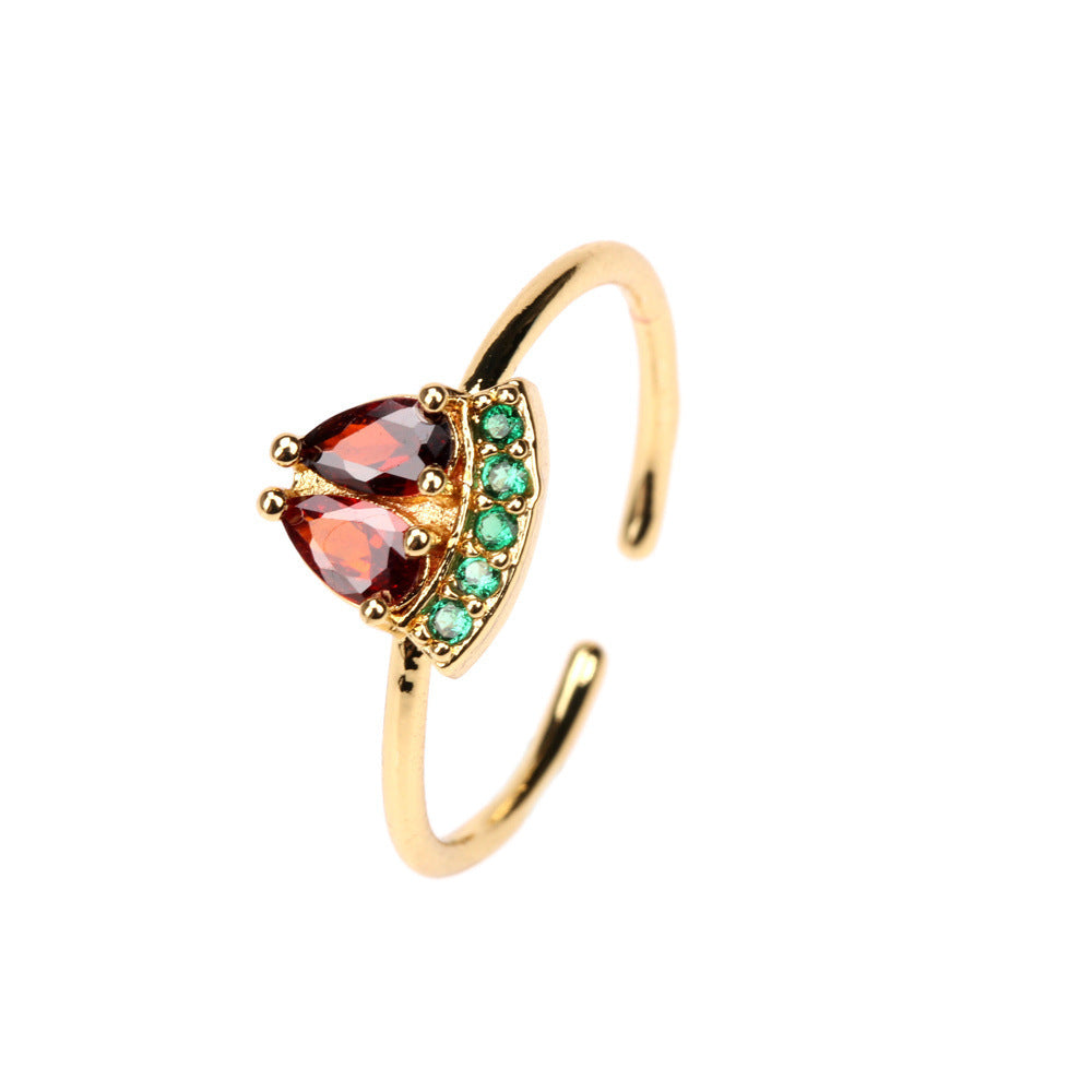 Fruit Zircon Copper Ring for Women Cute Design with Apple Watermelon Cherry Strawberry Grape Pineapple Peach Pine