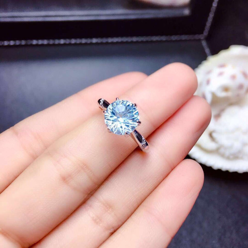 Womens Adjustable Rings Aquamarine Blue Stone Copper White Gold Tone Elegant Diamond Cut Fashion Jewelry Gifts