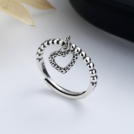 Silver Heart Ring Pendant Retro Korean Style Love Ring Individually Packed Festival Gift Silver Heart Festival