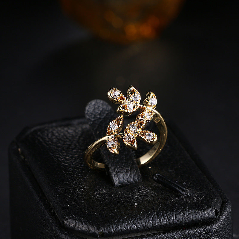 Leaf Shaped Adjustable Ring With Diamond Accent 18K Gold Plated Copper Elegant Jewelry For Her Everyday Style