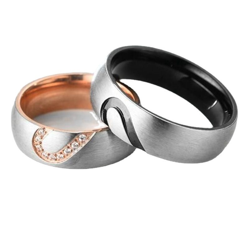 Half Heart Stainless Steel Ring Inlaid Gemstones Gold Plated European American Style Jewelry 6mm Wide Nice Gem