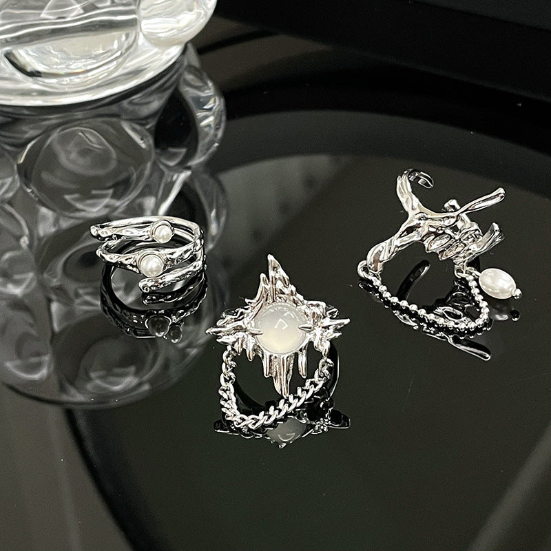 Womens Moonstone Open Ring Copper Adjustable Irregular Geometric Jewelry Trendy Statement Accessory Modern New