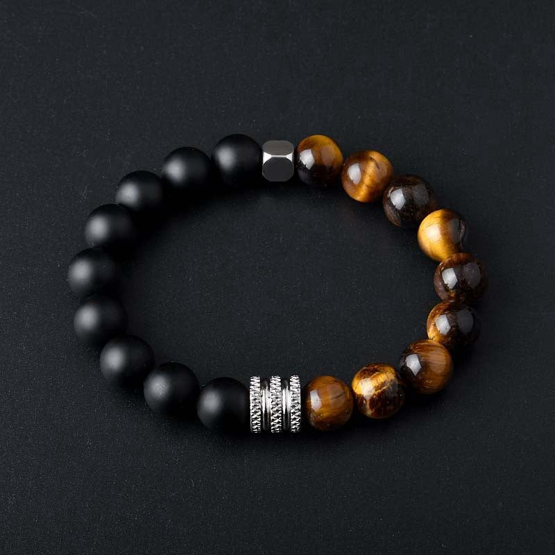Mens Two Tone Stainless Steel Bracelet With Volcanic Tiger Eye Titanium Steel Geometric Design For Him Jewelry Gift