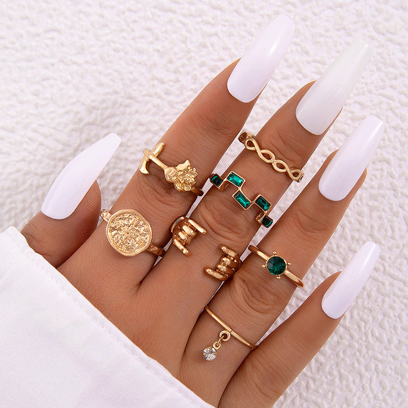 Unisex Alloy Rings Set Electroplated Finish Love Palm Emerald Diamond Ring Set Fashion Jewelry 4 Piece Set Now