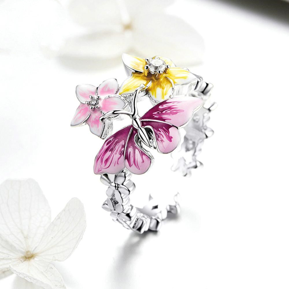 Womens Plated Ring With Butterfly And Love Flower Design In Silver Tone Copper Jewelry Gift For Her Elegant Chic