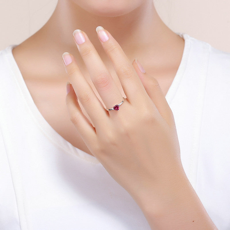 Sterling Silver Heart Ring With Red Zircon Inlay 925 Oxide Finish European Style Jewelry European American Jewelry