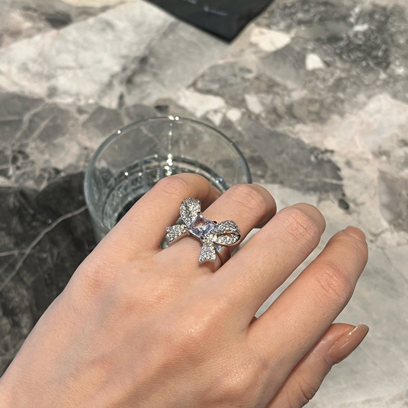 Bowknot Ring With Rhinestones Cube Sugar Copper Adjustable