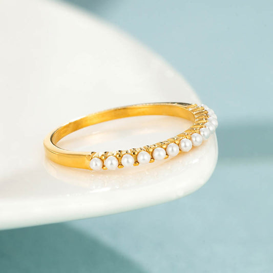 Womens Pearl Ring Gold Titanium Steel Band Ring For Women Simple Fashion Jewelry Engagement Wedding Ring Accessory