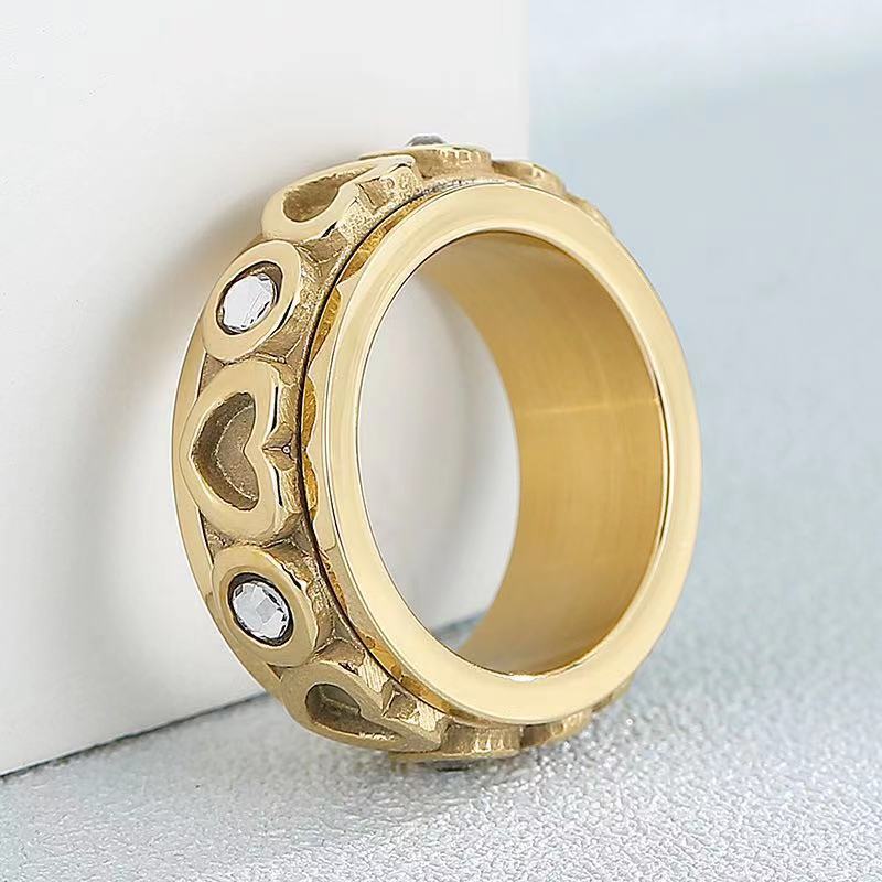 Womens Heart Shaped Ring Diamond Studded Index Finger Ring Titanium Steel Fashion Jewelry Gift For Her Gold and Steel Color Design For Women and Girls