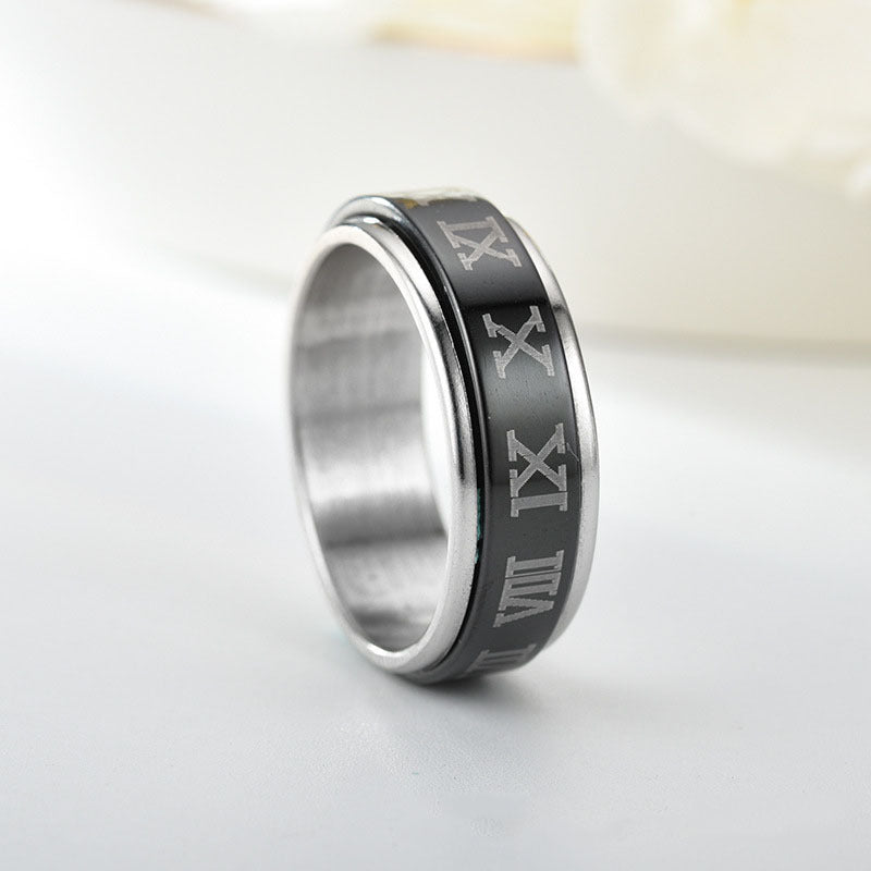 Unisex Titanium Steel Ring Vintage Turnable Roman Numeral Design Electroplated Black Fashion Jewelry Band Everyday Wear