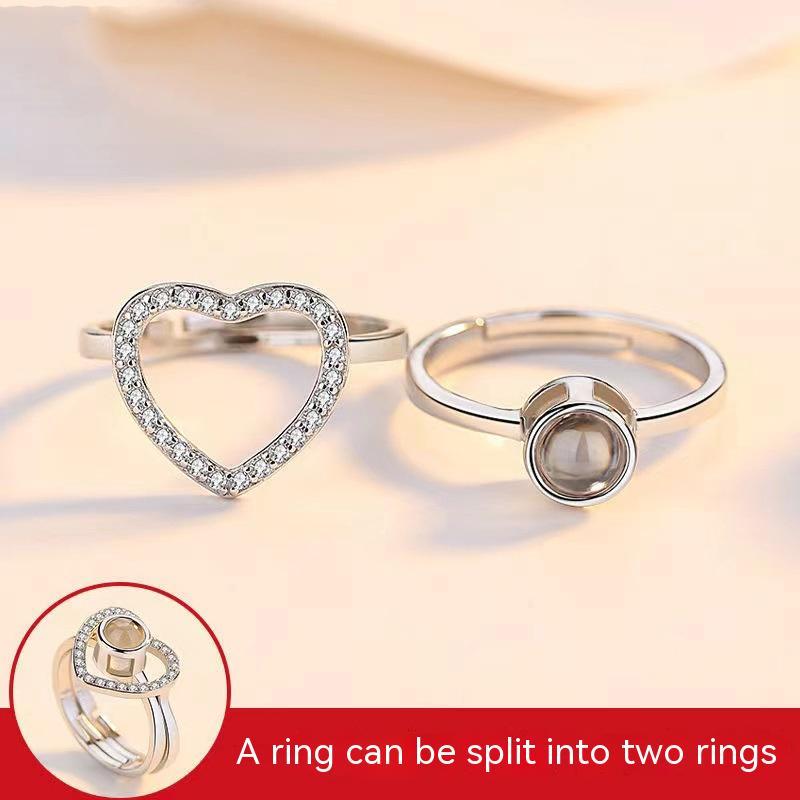 Couple Rings Love You Projection Adjustable Open Heart Rings Set Languages Rose Gold And Silver Alloy Matching