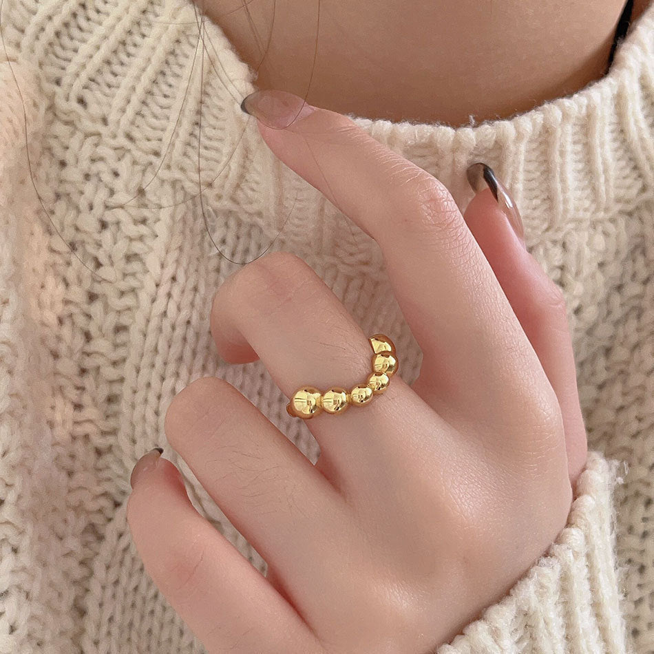 Womens Copper Ring Adjustable Geometric Wave Line Design With Round Beads Irregular Shape Electroplated Fashion