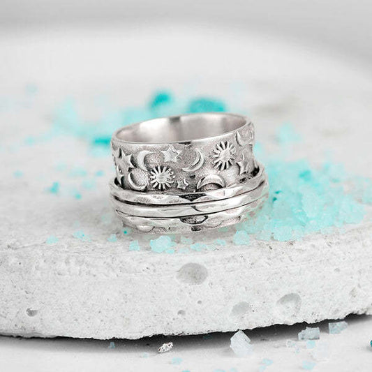 Vintage Star Moon Ring Silver Tone Alloy Retro Fashion Jewelry For Women And Girls Gift For Everyday Wear Plus