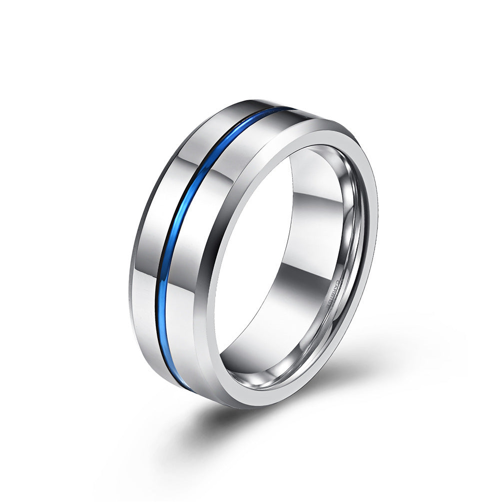 Mens Tungsten Steel Ring Electroplated Geometric Design With Blue Ribbon Accent Anti Rub Fit Ring Unisex Alloy Ring