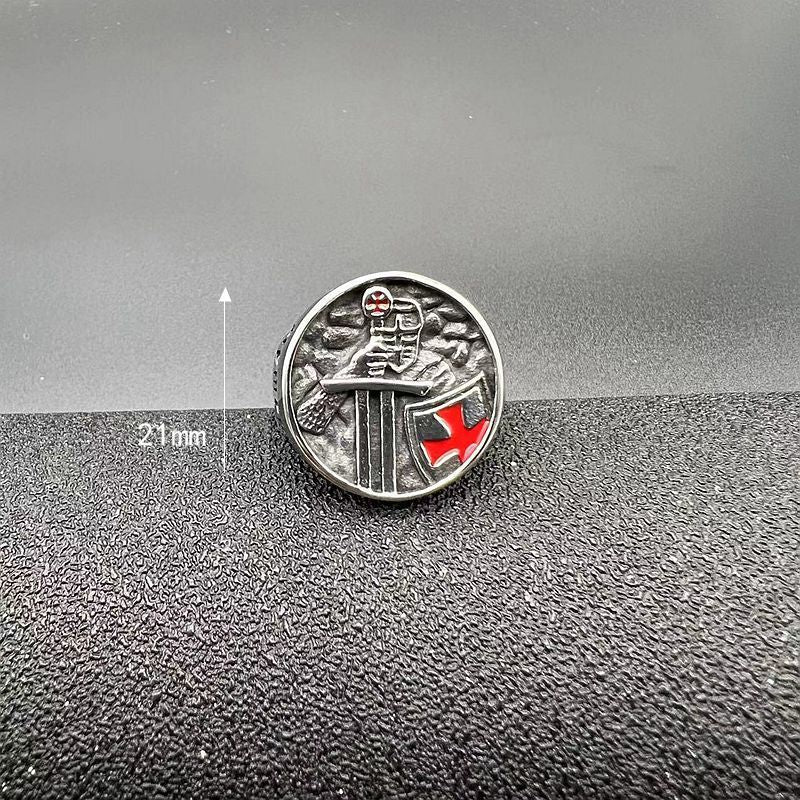 Titanium Steel Templar Templar Samurai Inscription Red Epoxy Cross Men's Ring