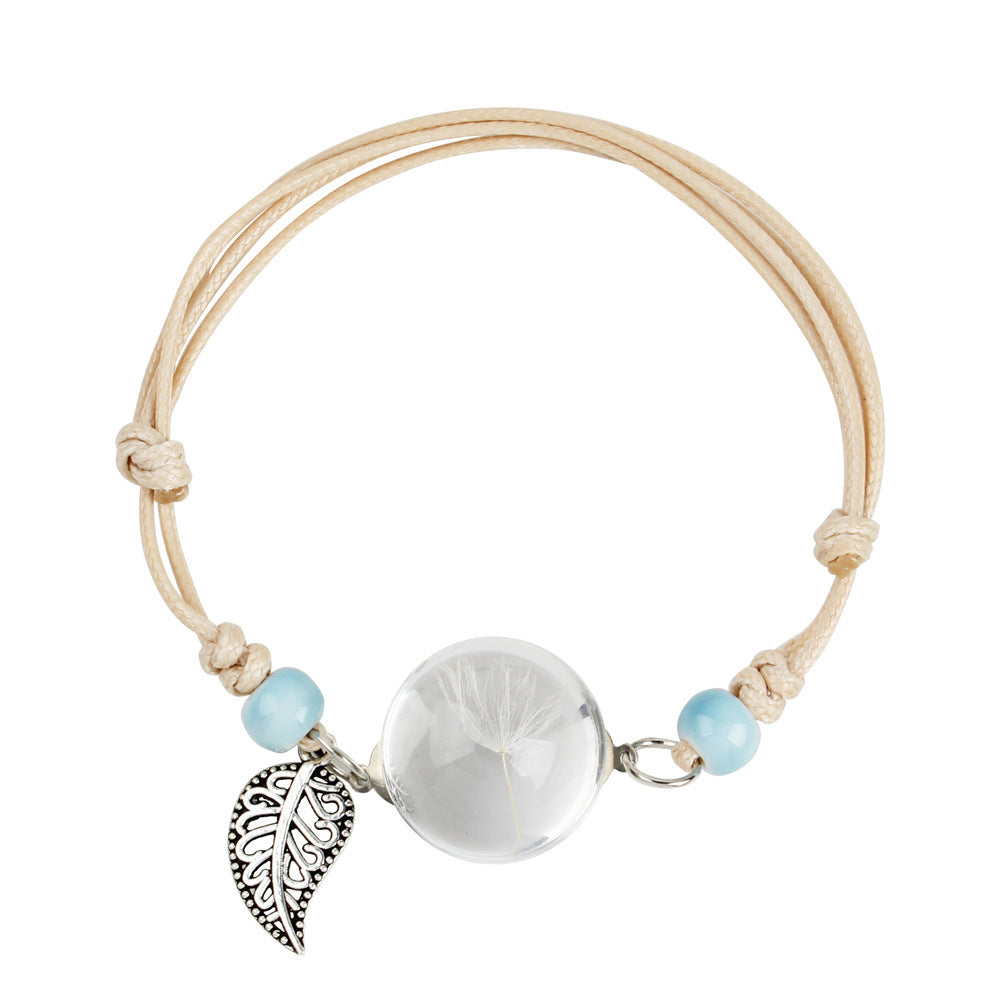 Womens Dried Flower Bracelet With Glass Ball Korean Leaf Design Alloy Herbarium Dandelion Clover Charm Elegant