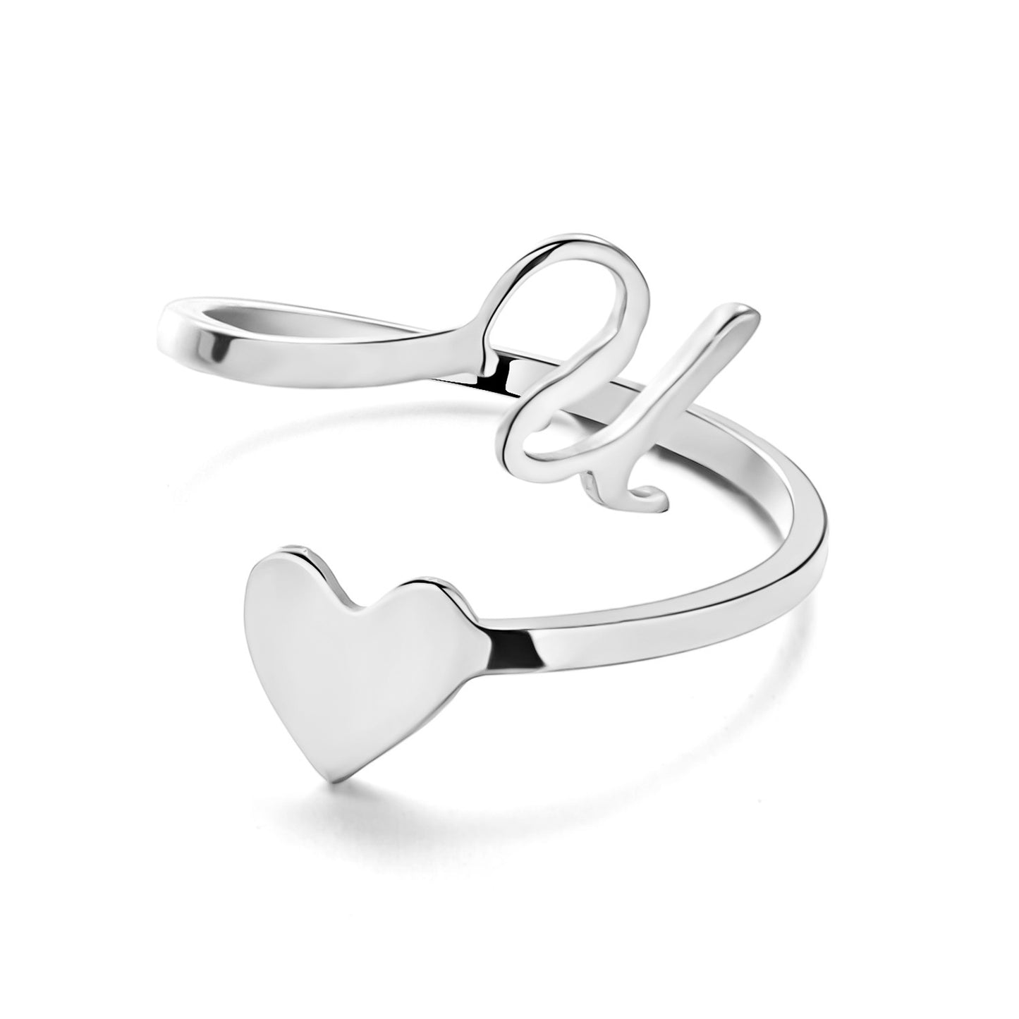 Womens Initial Letter Ring Adjustable Stainless Steel Heart Design 3D Open Heart Electroplated Fashionable Chic