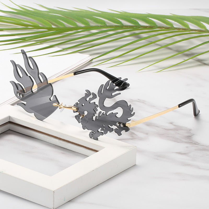 Frameless Glasses Funny Fashion Personality Unique Lightweight Plastic Material Goldtone Frame Black Gray Lens