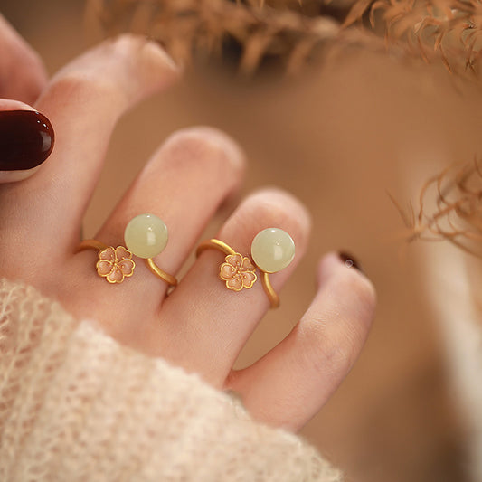 Gold Plated Flower Ring With Adjustable Opening Hetian Jade Beads Geometric Copper Base Design Statement Jewelry