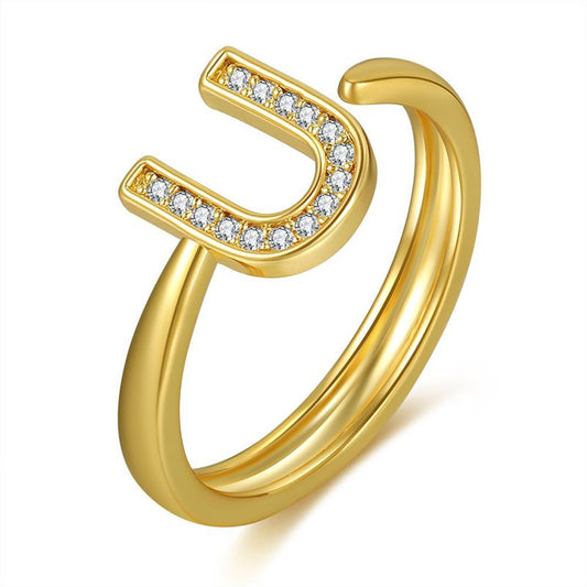 Womens Letter Ring 18K Gold Plated Copper Ring With Zircon Inlay Geometric Design Fashion Jewelry Elegant For Women