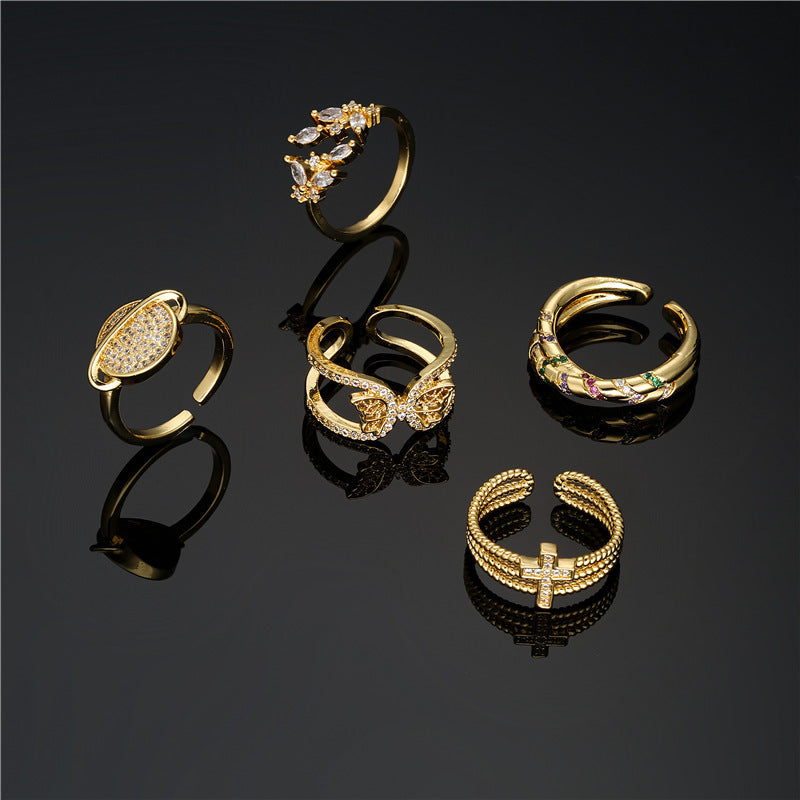 Womens Adjustable Zircon Copper Ring Geometric Cross Design