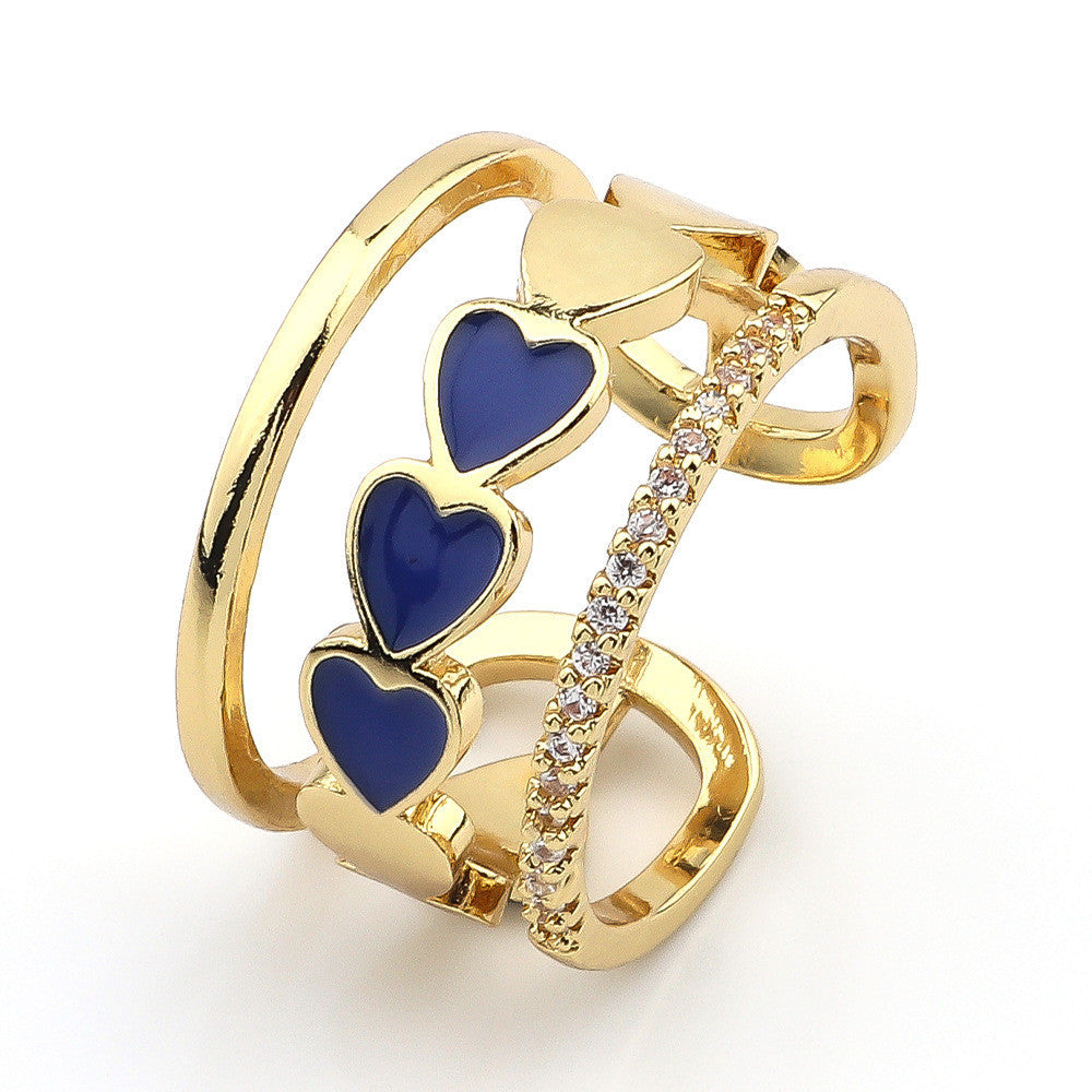 Heart Shaped Zircon Inlaid Copper Ring With Dripping Oil Design Elegant Fashion Jewelry Gift For Her Durable Quality