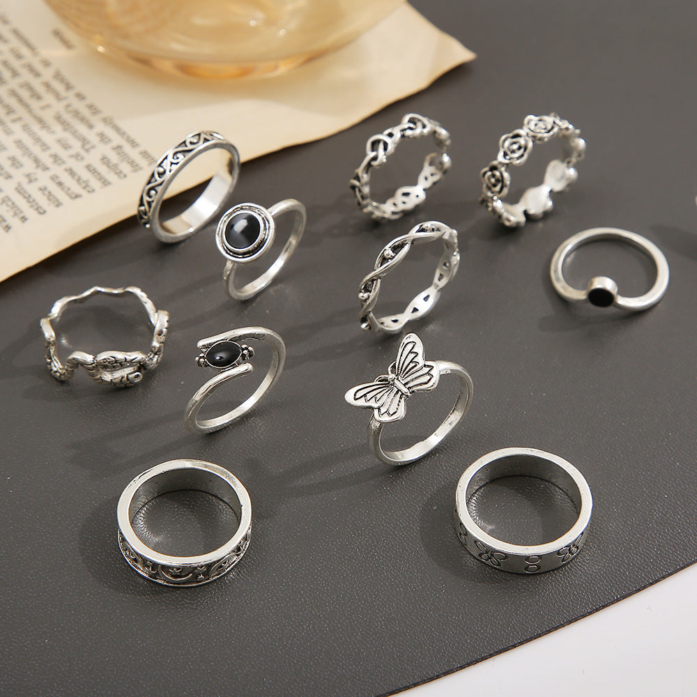 Knuckle Ring Set 11 Piece Vintage Alloy Rings With Geometric Butterfly Snake Moon Star Flower Unisex Deluxe GX