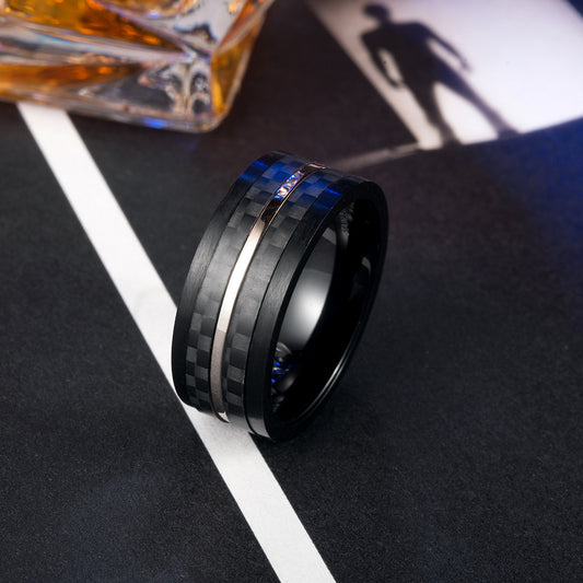 Unisex Ring Black Rose and Carbon Fiber Inlay Stainless Steel Band Travel Souvenir Ring Europe and America Ring Two-Color Black Rose Ring